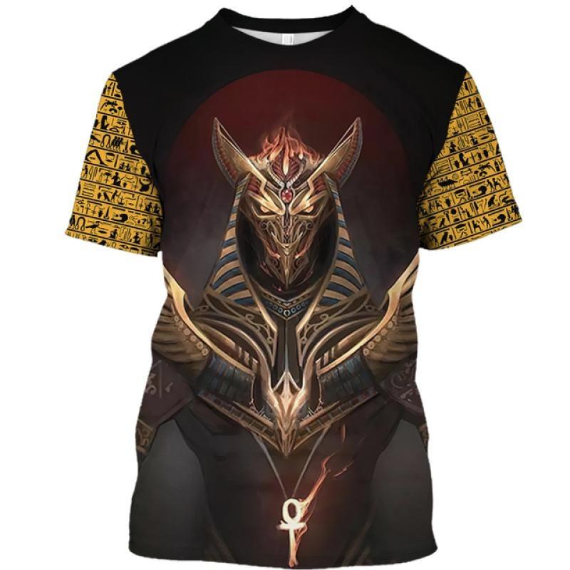 Ägyptisches Pharaonenmuster Herren T-Shirt Gold Einzigartige Persönlichkeit Trend O-Ausschnitt T-Shirts Ägypten Anubis Sensenmann Kurzarm Tee