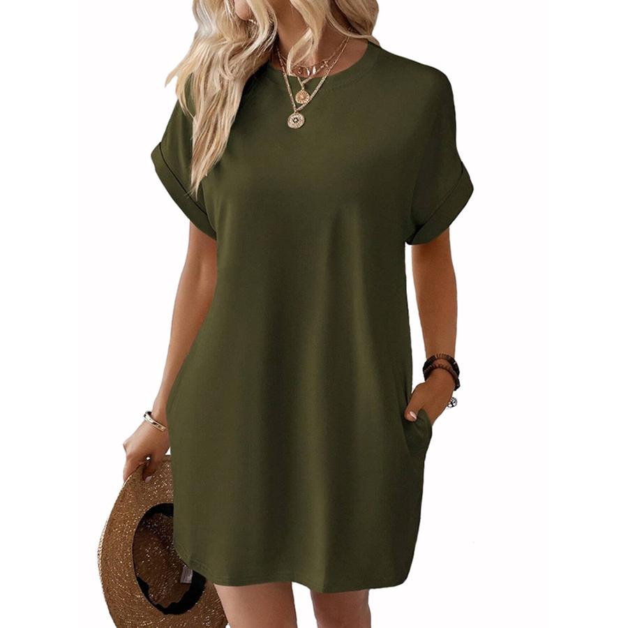 Women's Summer New Arrivals Solid Color Crew Neck Loose Short Sleeve Pocket Dress