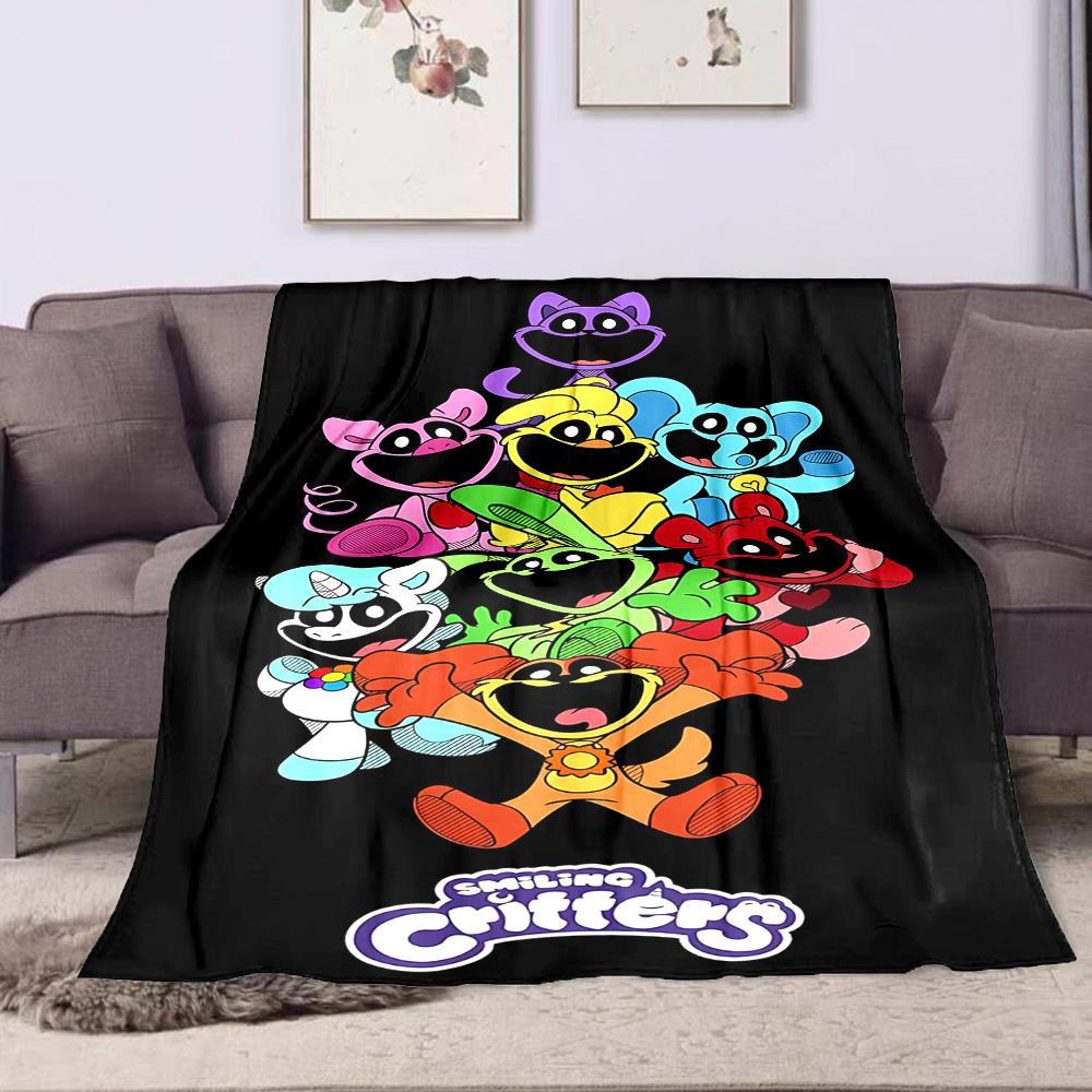 Colorful Smiling Critters On Black Background Patterned Flannel Blanket Perfect for the Bedroom Living Room, Sofa, or a Little Nap