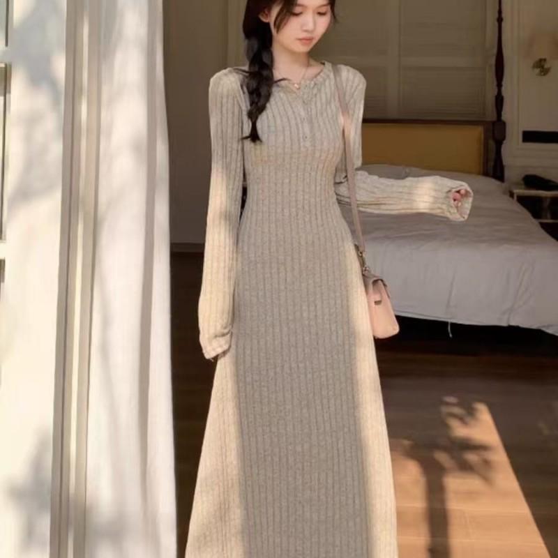 Womens Long Knit Dress 2026 Fall Winter A-Line Slim Fit Chic Sleeve Basic