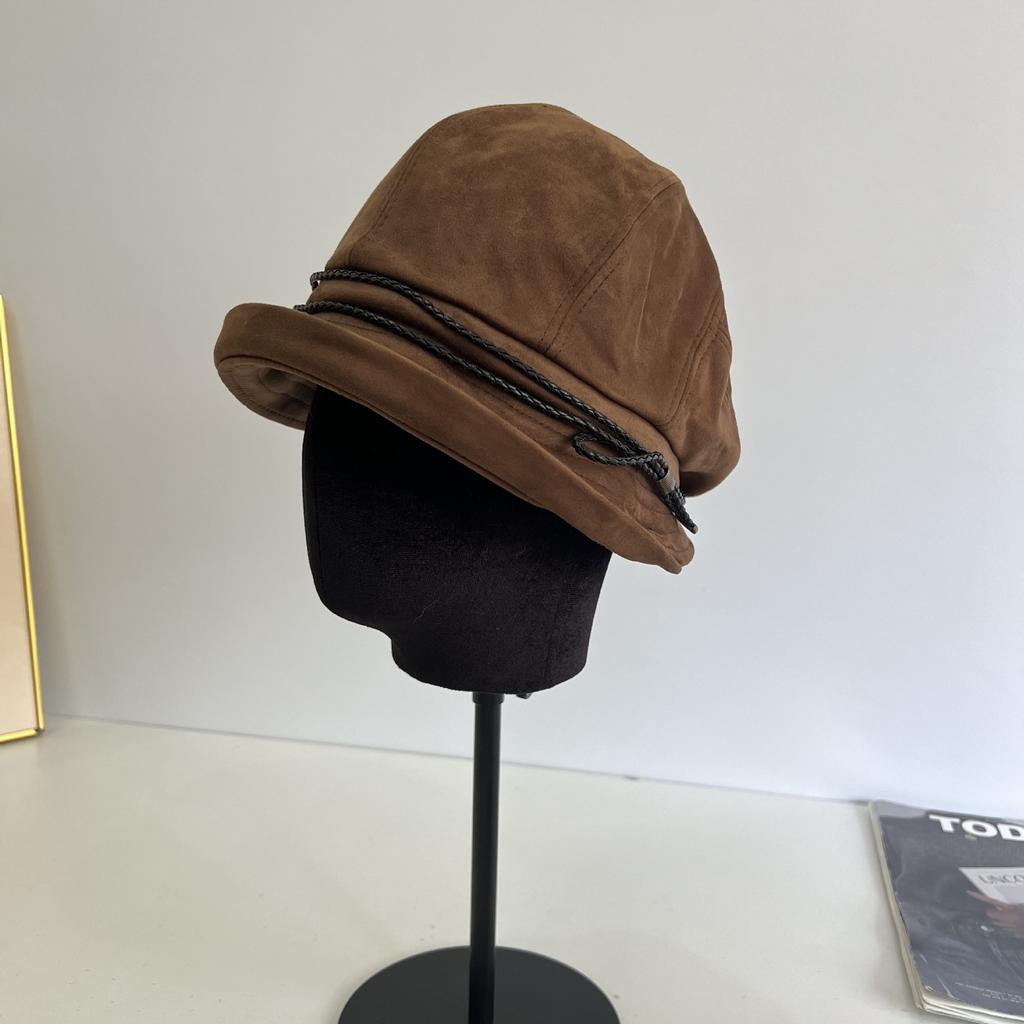 Suede bucket hat women's pleated basin hat retro autumn and winter versatile face small shade flanged hat tide
