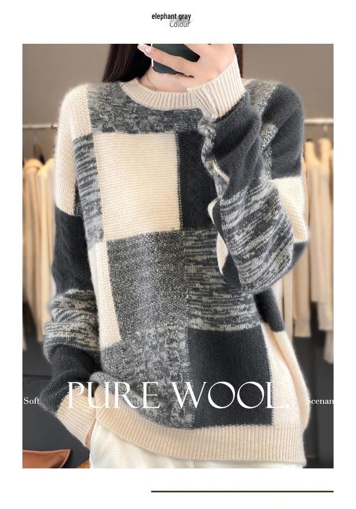 Women's Color Block Plaid Wool Sweater - Round Neck, Thickened Loose Fit, Cashmere Knit Base Layer for Autumn/Winter.