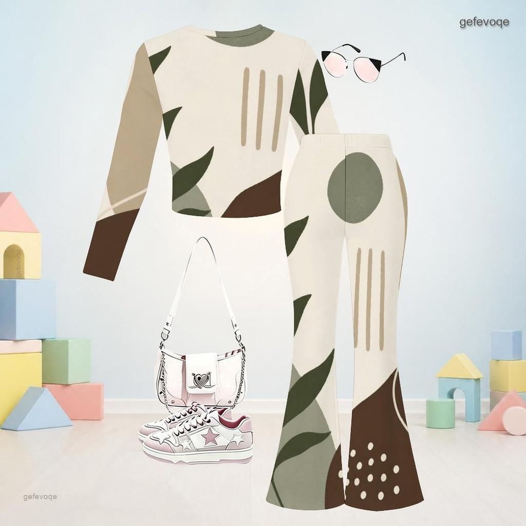 Girls Abstract Printed Round Neck Long Sleeve Top And Flared Pants Two Piece Set