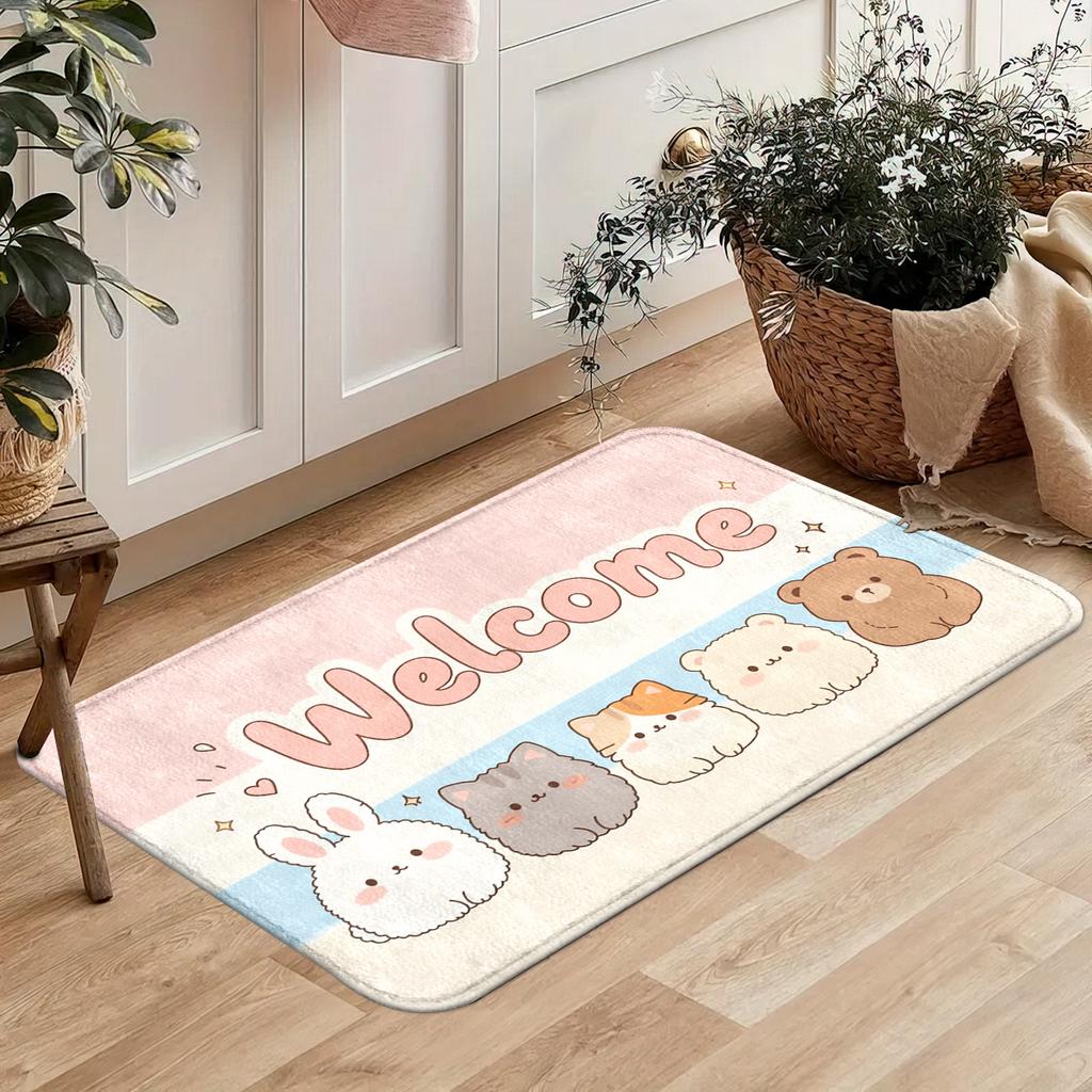 Curled Black Cat Welcome Flannel Floor Mat, Door Non-slip Foot Mat, Entrance Atmosphere Decorative Carpet