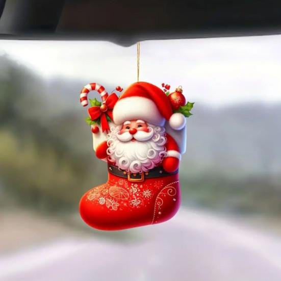 2Pcs Christmas Car Mirror Pendant Santa Claus Candy Cane Acrylic Ornaments Vibrant Festive Decor for Rearview Mirror Home Backpack
