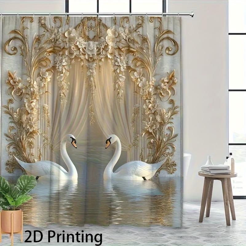 Baroque Gold Beige Shower Curtain Two Swans Print Polyester Machine Washable With Hooks For Home Hotel Bathroom Decor