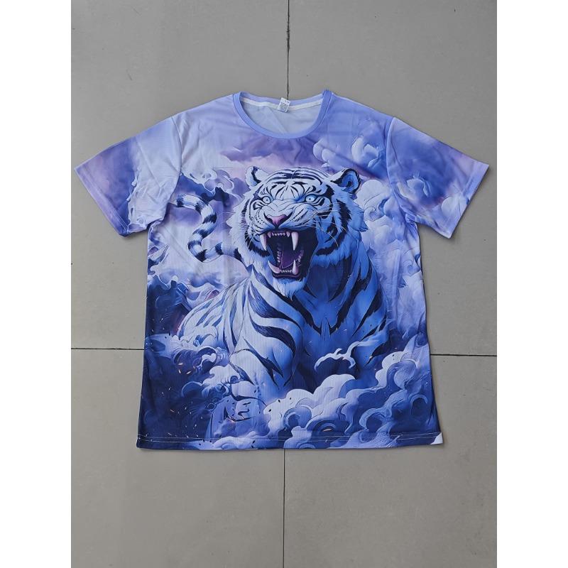 Men's 3D Howling Wolf & Red Moon T-Shirt - Gradient Flame Print Streetwear Crewneck Short Sleeve,