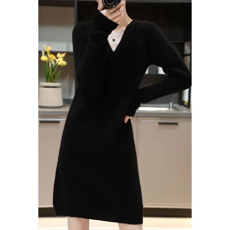 Medium and Long Knitted Sweater Skirt Women's V-neck Straight Thickened Inner Warm and Versatile Bottom Long-sleeved Sweater Dress
