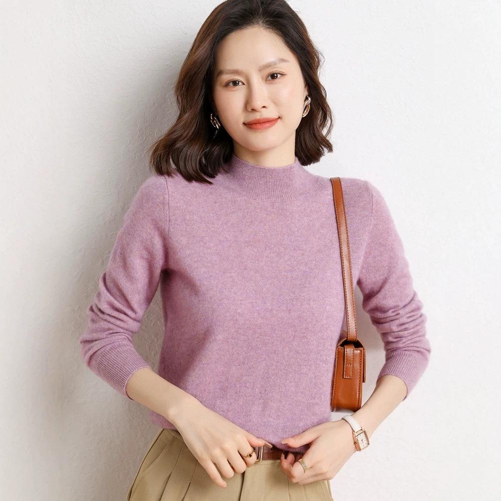 Women's Loose Fit Cashmere Half-High Neck Sweater - Soft, Classic Autumn/Winter Knit Base Layer