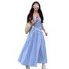 [Welcome sign] blue plaid bandeau camisole dress women's summer French feel waist slimming skirt