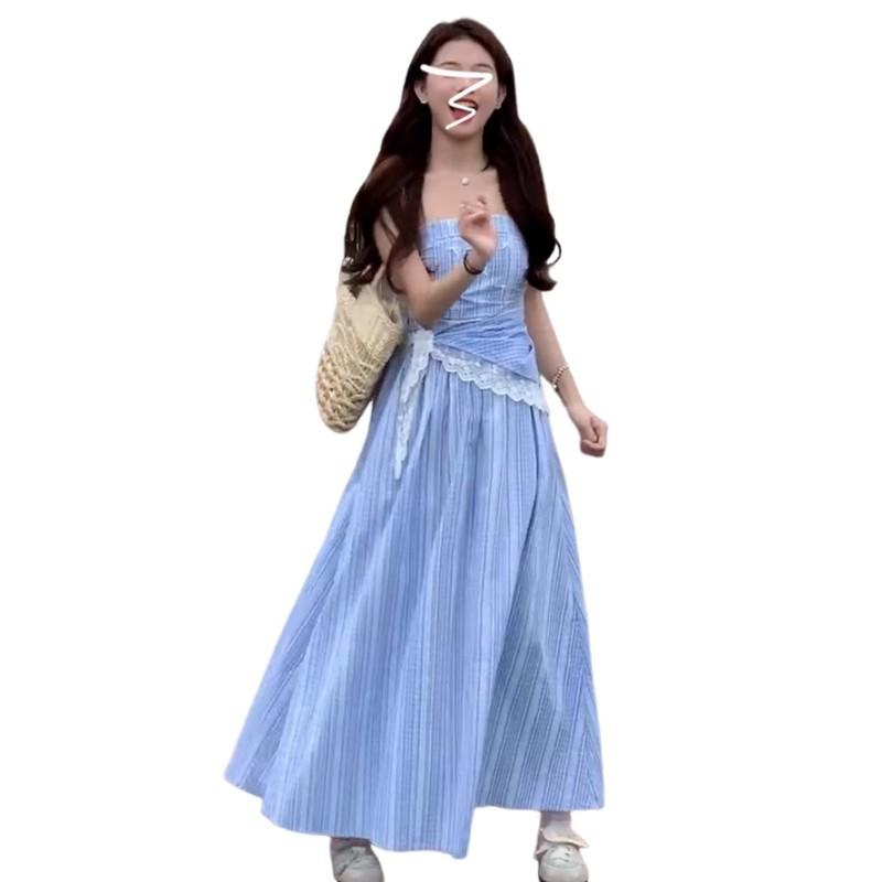 [Welcome sign] blue plaid bandeau camisole dress women's summer French feel waist slimming skirt