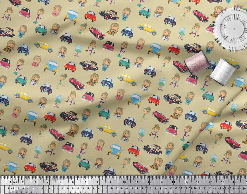 Soimoi Japan Crepe Satin Fabric Cartoon Girl & Car Transport Print Fabric by the Metre 42 Inch
