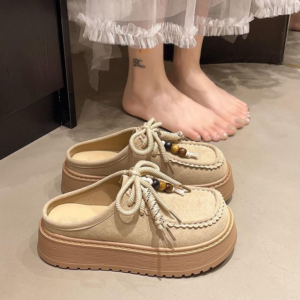 Fashion Thick-soled Heightening Bag Head Beaded Lace-up Shoes Women's Spring and Summer 2025 New Retro Bag Head Half Slippers Women