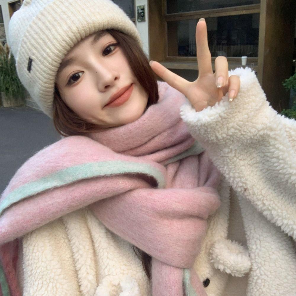 Korean Style Long Wool Tassel Scarf Gradient Color Cashmere Shawl Winter Cashmere Scarves  Girl