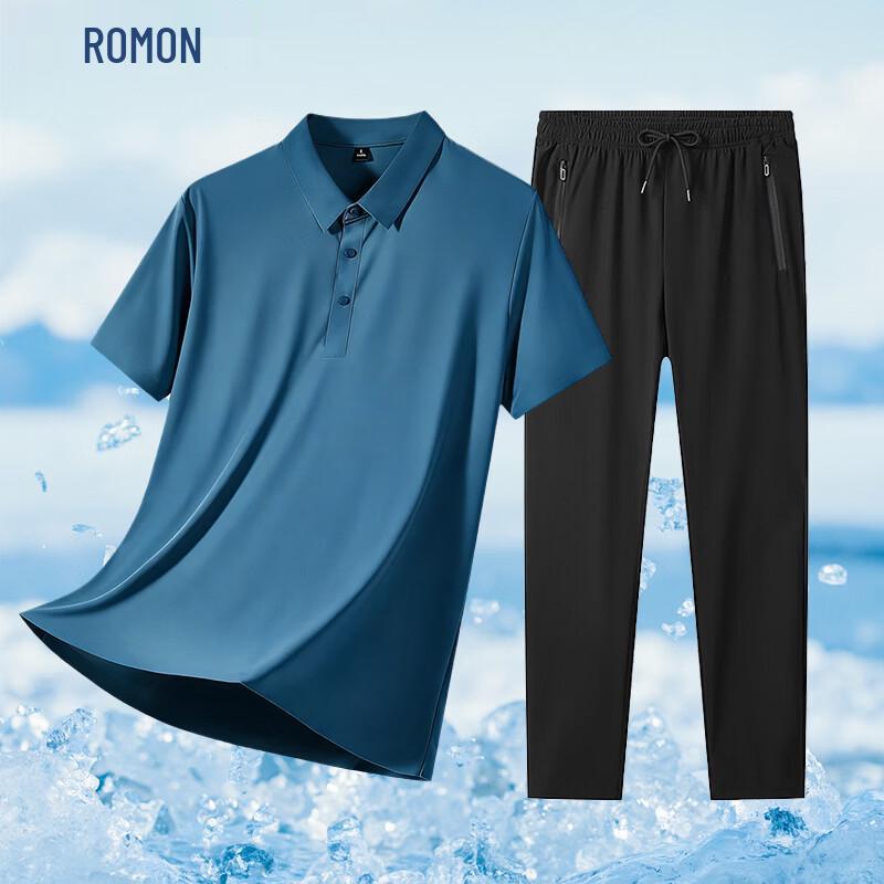 ROMON Men's Seamless Ice Silk Polo Shirt & Shorts Set