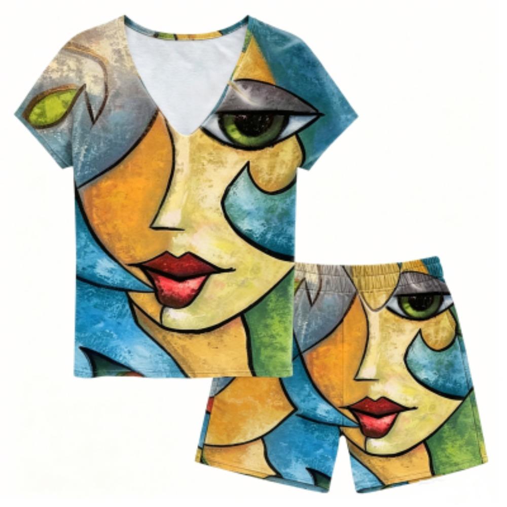 Fashion 3D Character Face Printing Outdoor Street Women s V Neck T-shirt and Shorts 2 Piece Set Summer Casual Outfit Women s Sports Set S