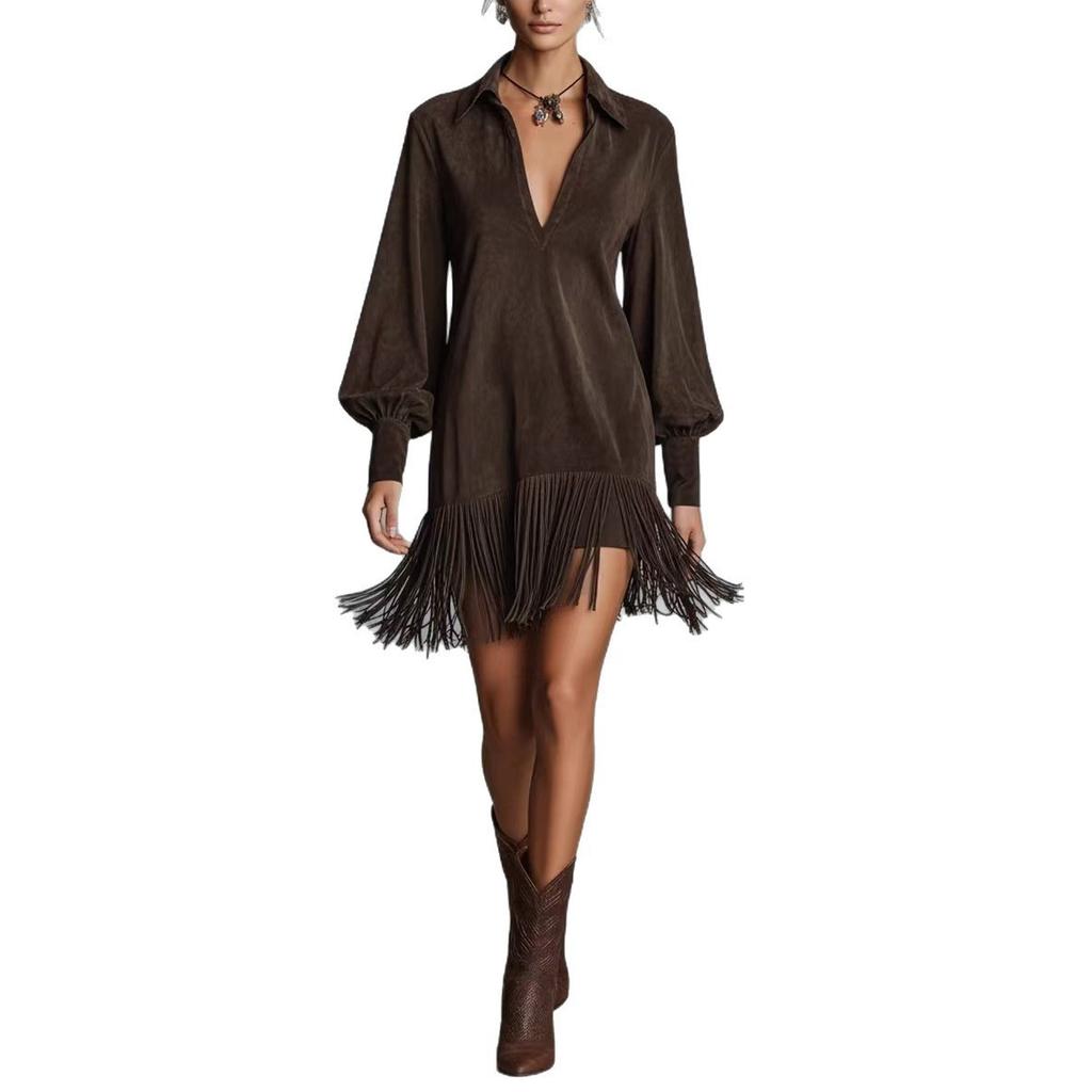 Hot sale in Europe and America, imitation suede V-neck lapel zipper fashionable hem fringed long-sleeved women