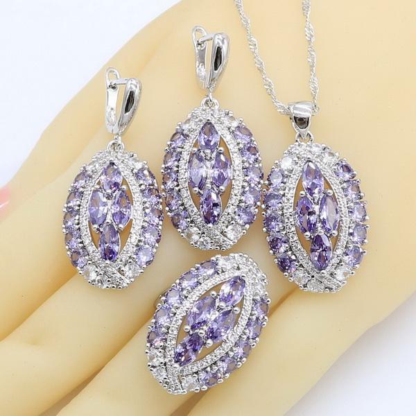 Geometrische Lila Zirkon Farb Schmucksets Für Frauen Armband Ohrringe Halskette Anhänger Ring Hochzeit Geburtstagsgeschenk
