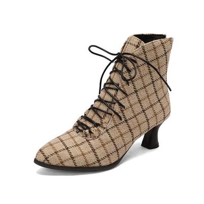 Dameslaarzen 2025 Herfst Winter Suède Puntneus Geruite Schoenen Dames Veters Dames Pumps Custom Dikke Hakken Enkellaarsjes WSH4723