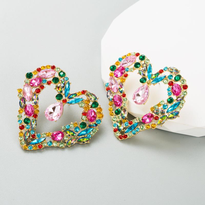 Women's Stud Earrings Creative Love Alloy Electroplated Colored Rhinestones Personalized Exaggerated Earrings