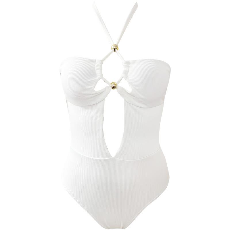 Nowy seksowny jednoczęściowy kostium kąpielowy w jednolitym kolorze dla kobiet z wiązaniem na szyi i sznurkiem ściągającym, kostium kąpielowy z odkrytymi plecami, kostium kąpielowy z marszczeniami na klatce piersiowej