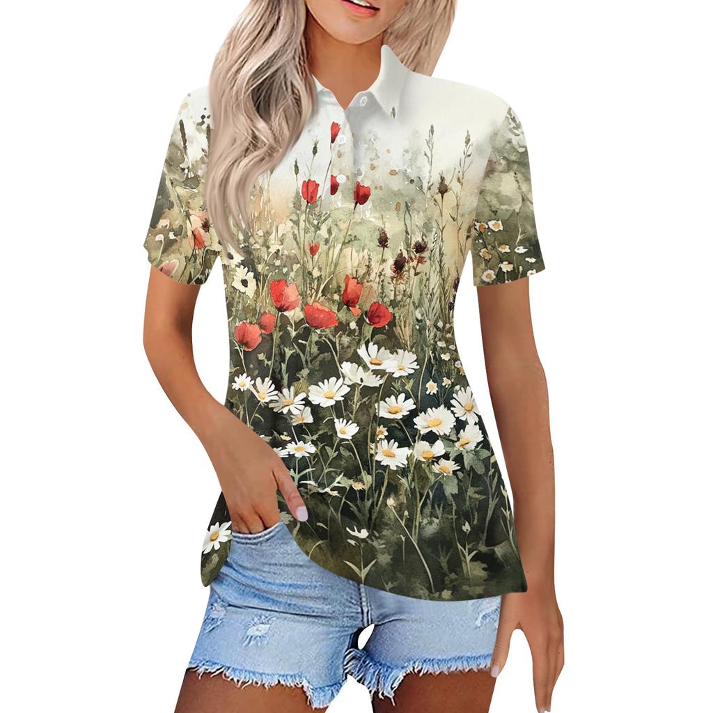 Women's Fashion Casual Floral Print Button Down Top, Short Sleeve, Lapel Collar with Side Slits, for Summer, , Beach, Daily Wear, and Parties