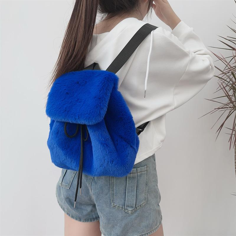 Nowy Pluszowy Plecak Imitacja Króliczego Futra Plecak Studentka Duża Pojemność Sznurek Panterka Jednolity Kolor Wszechstronna Torba Damska