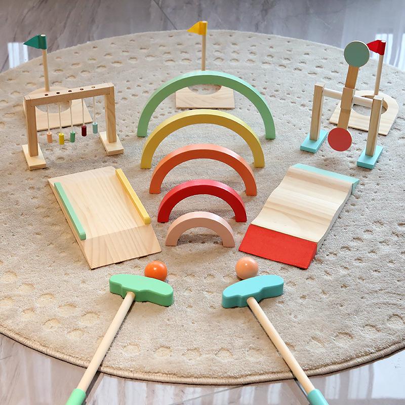 Children's Rainbow Simulation Golf Balance Training Game Indoor Outdoor Sports Set Wooden Toys