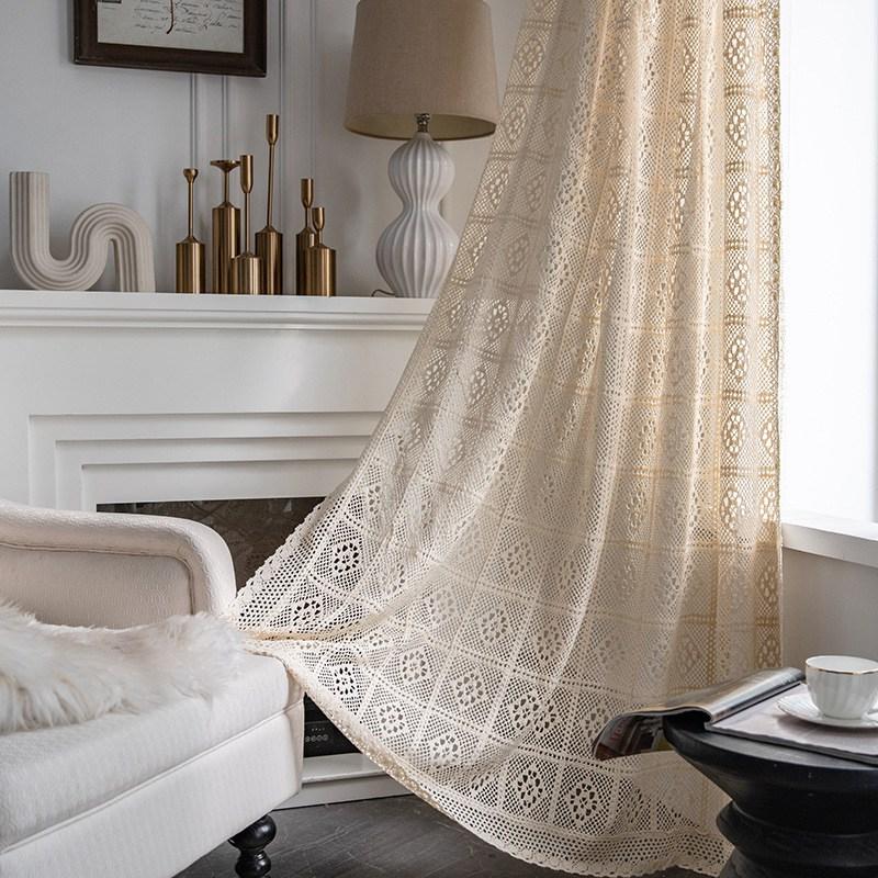 

American Style Dark Green Vintage Hollowing Crochet Patchwork Window Curtain Blackout Drapes for Living Room Study Curtain W100 x H180cm&Threading Rod
