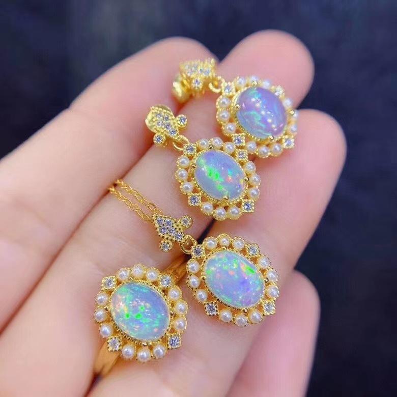 Imitation Natural Opal Ring, Luxury Temperament Colored Treasure Pendant Jewelry Set, Stud Earrings Necklace.