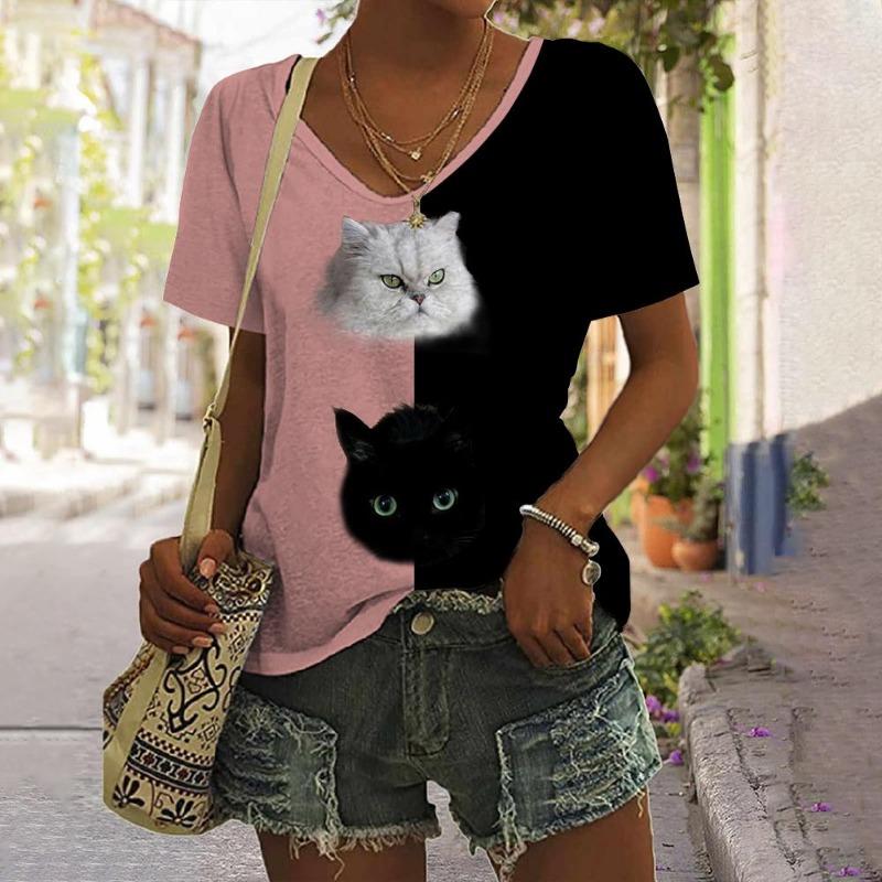 Women's T Shirt Summer Cat print Casual Short Sleeve V-Neck Tee Fashion Streetwear Female Oversized Clothing