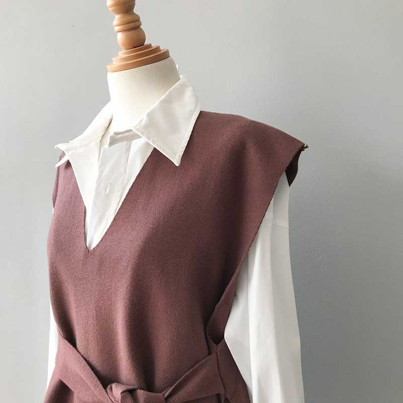 Split Hem Waist Coat with Belt Women's Autumn and Winter V-neck Knitted Vests Outer Wear Korean Version Loose Vest Women's Sleeveless Top