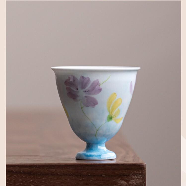 

80ML Hand Drawn Galsang Flower High Footed Teacup Handmade Tea Bowl Teacup Meditation Cup Jianzhan Master Cups Cafes Ornaments