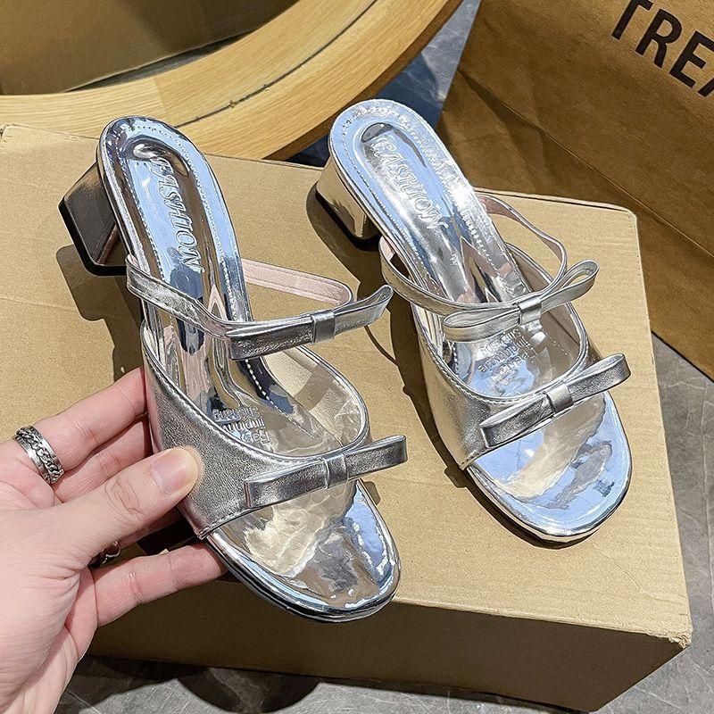 Bow one-word slippers female summer wear new French fairy wind cool slippers thick heel sandals female