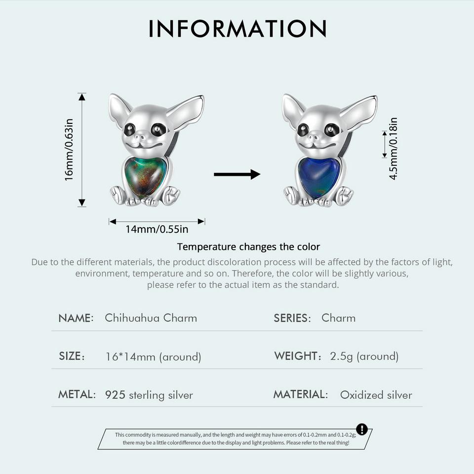 BAMOER 925 Sterling Silver Mood Stone Astronaut Charms Cute Chihuahua Dog Beads for Women Bracelet and Bangle DIY