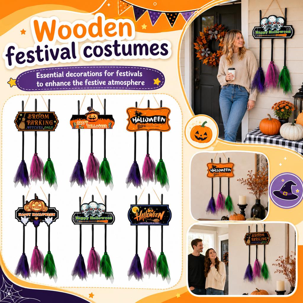 Wooden Halloween Door Hanger Decoration Set with 3 Brooms (Thickness 5)