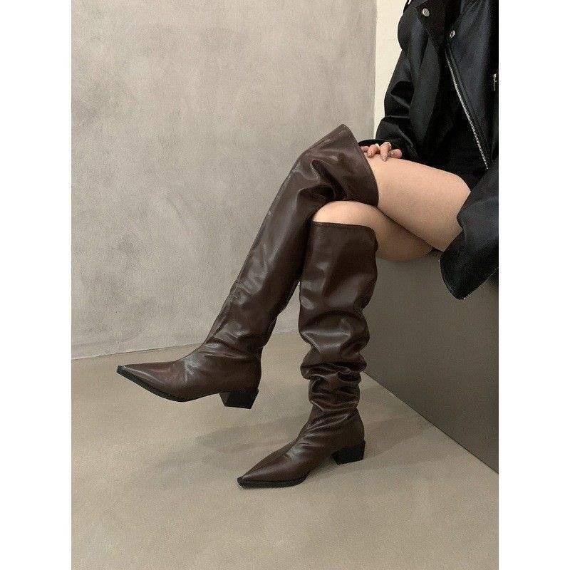 Thick heel pleated long knight boots women's 2025 autumn and winter new knee two wear western cowboy knee boots shoes