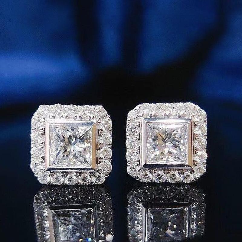 Dazzling Gold Color Inlaid White Stone Square Stud Earring for Women Trendy Party Engagement Wedding Earrings Jewelry