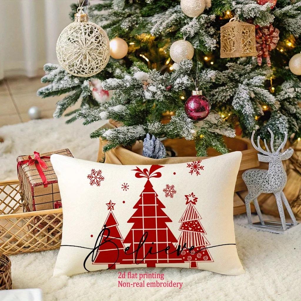 Fundas De Almohada 'Believe' Con Estampado De Rbol De Navidad Para Decoracin Navideña Acogedora, Funda De Cojín Para Sof