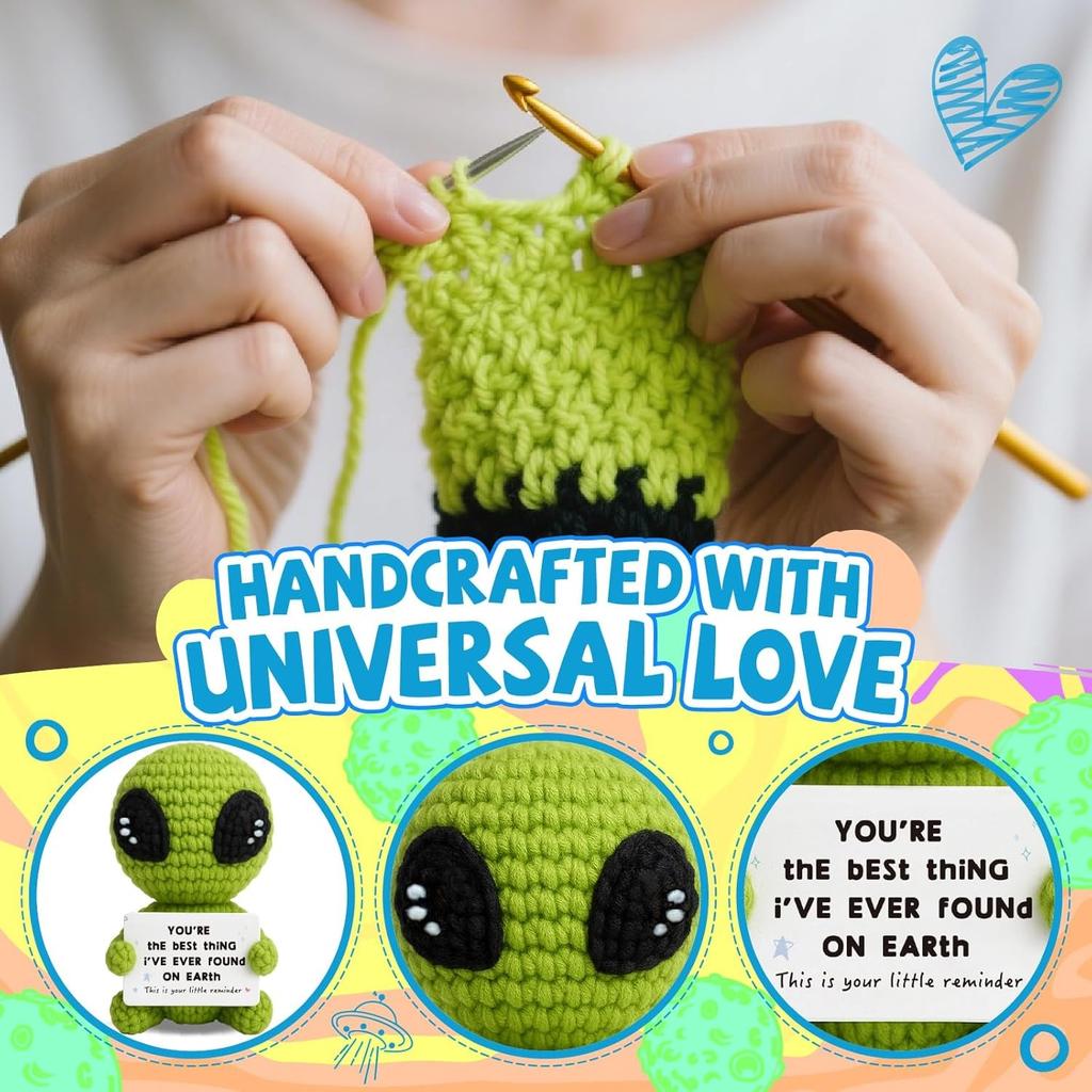 Customize Unique Positive Alien Crochet With Uplifting Card Birthday Graduation Anniversary Gift For Friend Husband Wife Teens