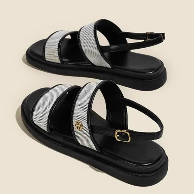 Low Sandals Woman Leather Low-heeled Rome Fabric Slides Rubber Hoof Heels Low Sandals Woman Leather Low-heeled Fabric Rubber Sli