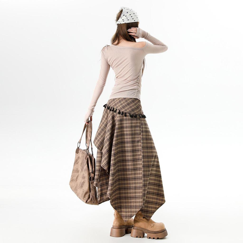 Women's Irregular Plaid Tassel A-line Skirt with Embroidery - High Waist, Slimming Fit, Mid-length for Autumn/Winter