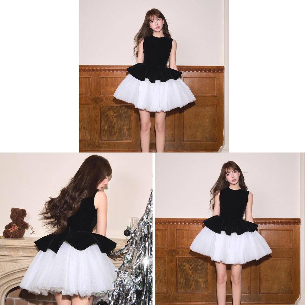 Basic Polyester Spliced Princess Dress With Puff Sleeves For Summer 2025
