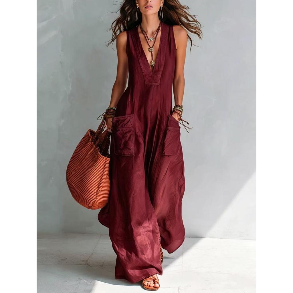Women's Sleeveless Deep V Neck Loose Wide Leg Jumpsuit Solid Pocket Maxi Jumpsuit Casual Vacation Romper
