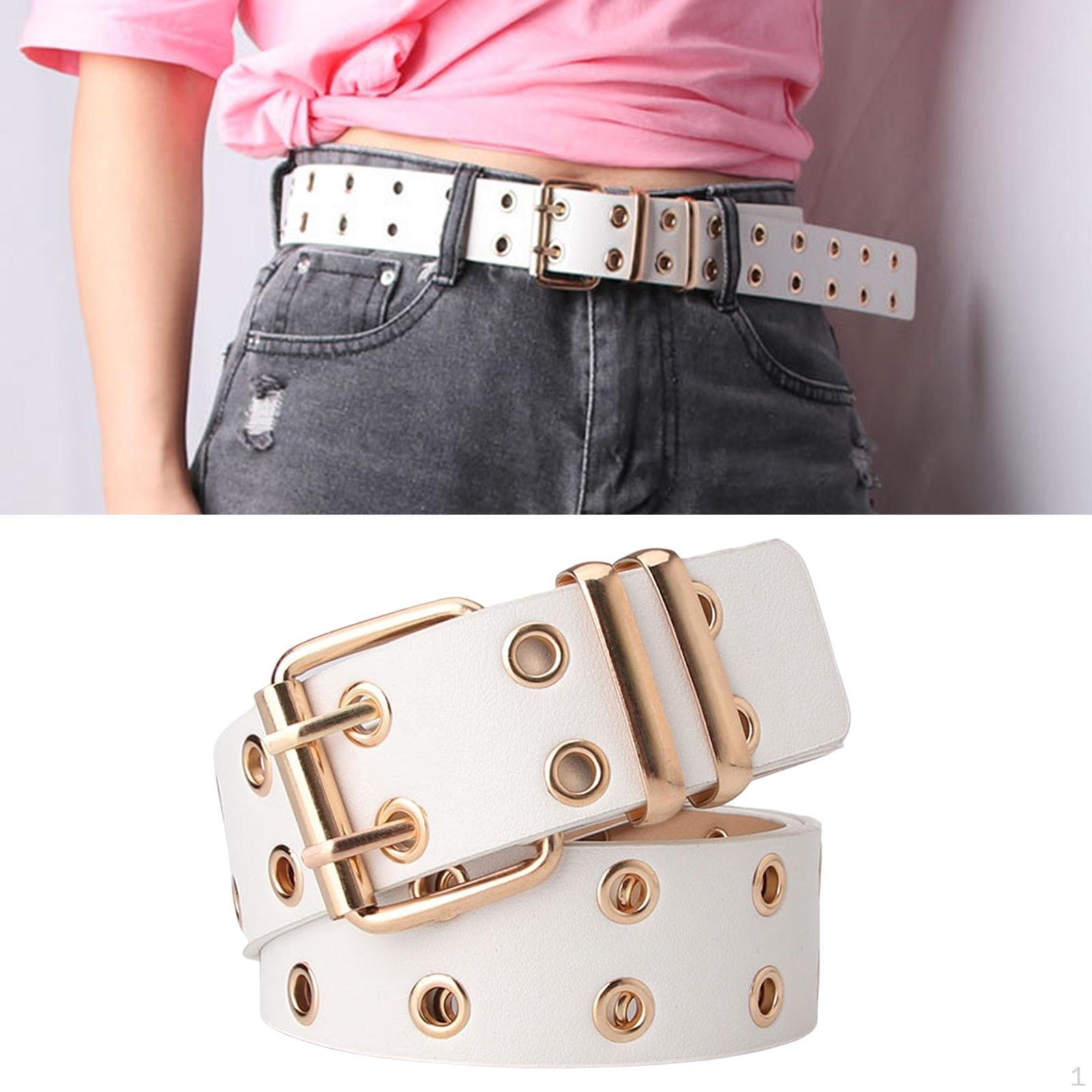 Double Grommet Punk Belt, Prong Buckle Hollow PU Leather Rock Eyelet Adjustable Gothic белый