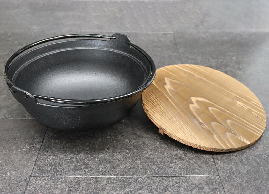 Asahi Iwate Prefecture Traditional Craftsmanship Nanbu Iron Irori Pot 27 with Two Handles and Wooden Lid and IH Commercial Use (2.8L Capacity) (Gas