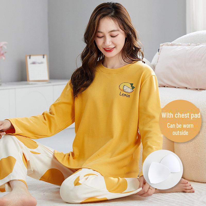 Pijama feminino de manga comprida com estampa de desenho animado e protetores de peito - algodão fino para uso interno/externo na primavera, outono e inverno