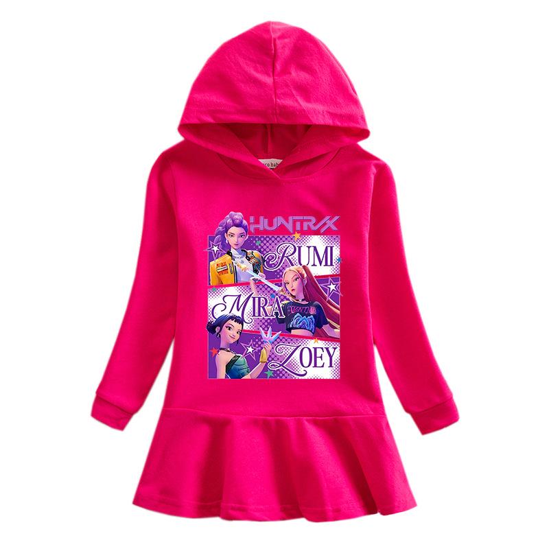 Kpop Demon Hunter Girls' Ruffle Rainbow Hooded Dress - Long Sleeve Princess Style