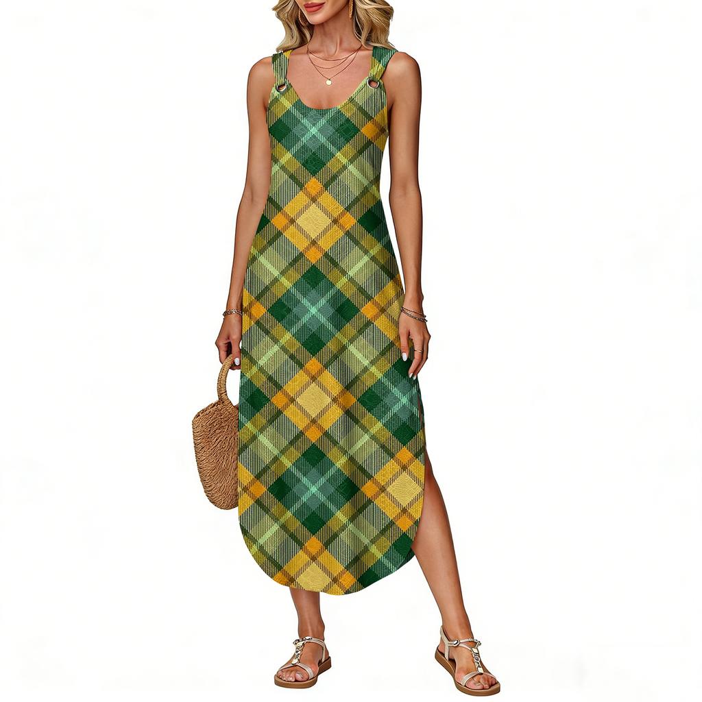 Women's Summer Long Dress, Sleeveless with Side Slits, Long Plaid Printed Vest Dress