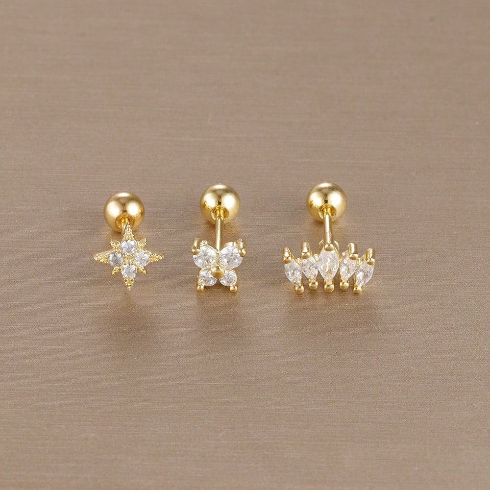 Sada 3 kusů náušnic pecek ve tvaru korunky z nerezové oceli ve zlaté barvě pro ženy, pozlaceno 14K zlatem, s krystalem zirkonu, unikátní náušnice ve tvaru koňského oka, šperky